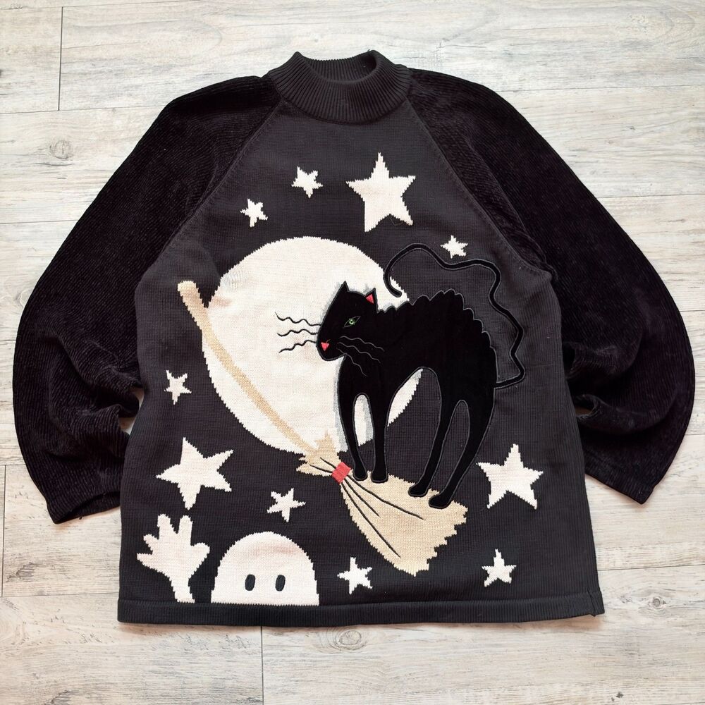 Vintage Halloween Sweater Black Cat Moon Ghost Stars Size Large Richard Sport